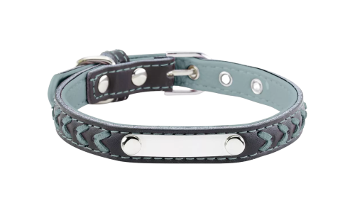 Braided light blue dog collar with built-in ID plate for name engraving, 10.6 - 13.4 inches in length and 0.59 inches wide.