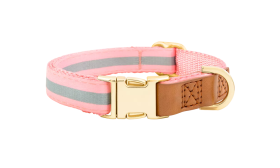 Dog Collar with Engraved Gold Buckle Light pink dog collar with gold metal buckle for dog name engraving, 27-40cm in length and 1.5cm wide, D-ring for attachment.