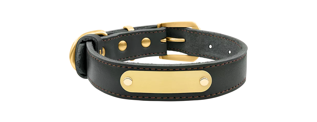 Luxury Genuine Leather Engraved Dog Collar Luxury genuine leather dog collar in black with built-in gold ID plate for name engraving, 47-51cm in length and 2.5 cm wide.