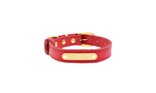 Luxury genuine leather dog collar in red with built-in gold ID plate for name engraving, 37-40cm in length and 2 cm wide.