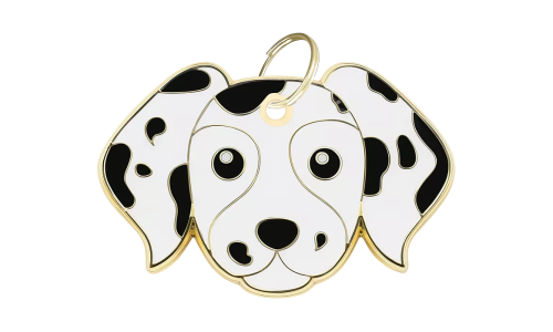 Engraved dog tag shaped like a Dalmatian face, with a cute, smiling expression and gold outline, designed for dog id tags.