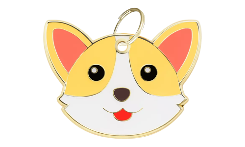 Engraved dog tag shaped like a Corgi face, with a cute, smiling expression and gold outline, designed for dog id tags.