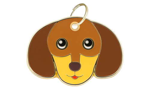 Engraved dog tag shaped like a Dachshund face, with a cute, smiling expression and gold outline, designed for dog id tags.