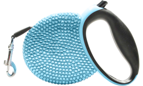Luxury Rhinestone Retractable Dog Leash Blue luxury retractable dog leash covered in sparkling blue rhinestones, with a black handle, extending up to 3 meters.