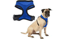 Dog Harness Blue mesh dog harness, lightweight, designed for comfort, with adjustable black straps and durable clip.