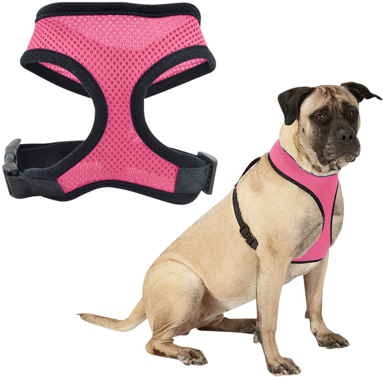 Pink mesh dog harness, lightweight, designed for comfort, with adjustable black straps and durable clip.