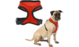 Red mesh dog harness, lightweight, designed for comfort, with adjustable black straps and durable clip.