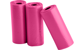 Dog Poop Bags Three rolls of 15 pink dog poop bags, durable and leak-proof, perfect for clean and convenient waste disposal on walks.