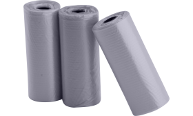 Three rolls of 15 grey dog poop bags, durable and leak-proof, perfect for clean and convenient waste disposal on walks.