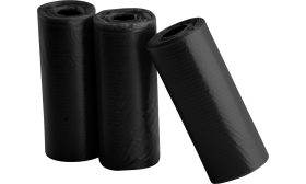 Three rolls of 15 black dog poop bags, durable and leak-proof, perfect for clean and convenient waste disposal on walks.