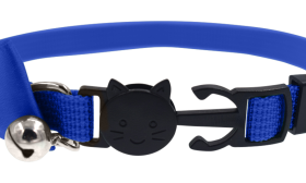 Blue cat collar with a stylish bow and breakaway clasp, safety feature, with a bell for charm & safety.