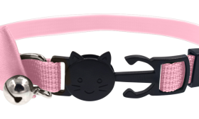 Pink cat collar with a stylish bow and breakaway clasp, safety feature, with a bell for charm & safety.