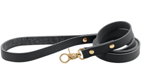 High-end black genuine leather dog leash, 120 cm in length and durable, gold metal clasp and studs for a luxurious look.