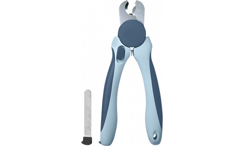 Blue dog nail clippers with ergonomic handles and a safety guard, with metal nail file, suitable for dogs and cats.
