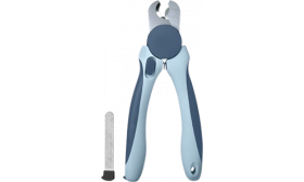 Blue dog nail clippers with ergonomic handles and a safety guard, with metal nail file, suitable for dogs and cats.